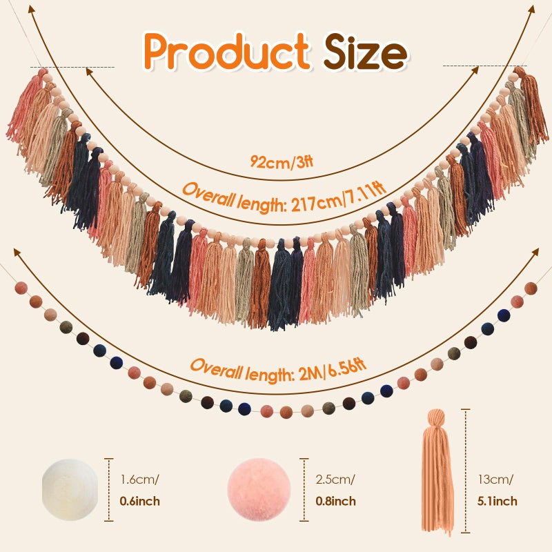 Taimimy 2pcs Longer Fall Tassel Garland, Pom Pom Tassel, Felt Ball Garland, Thanksgiving Wall Hanging Party Decorative Banner Pastel, Home Decoration Wedding Birthday Baby Shower - Image 2